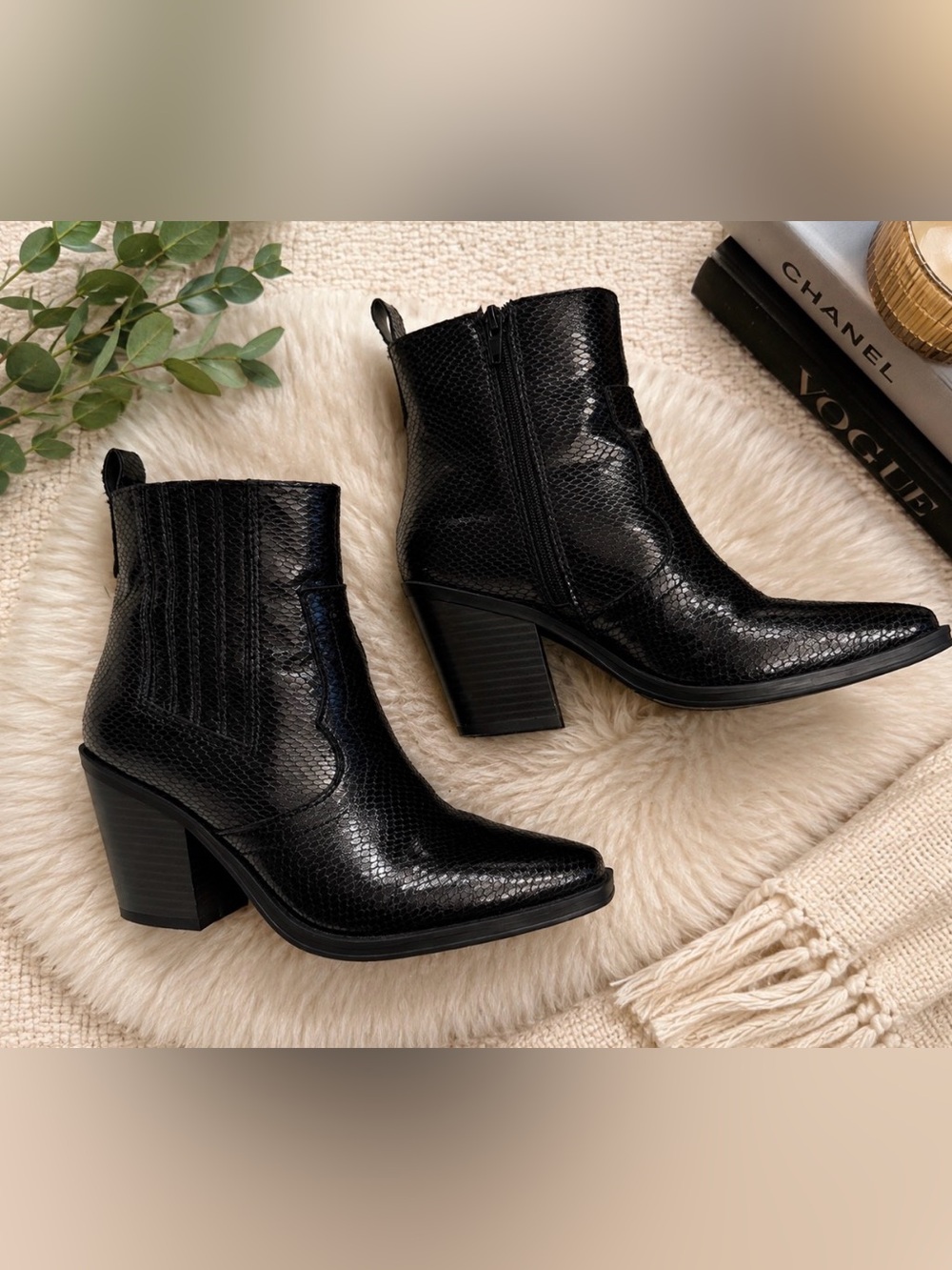 Mix No. 6 Black Croc Embossed Pointed Toe Ankle Boots